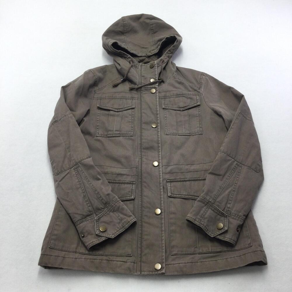 Lucky Brand Jacket Womens Small Khaki Beige Hooded Quilted Lined Anorak Pockets